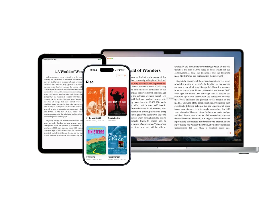 Rise’s library on iPhone and highlighted reading on iPad and Mac.