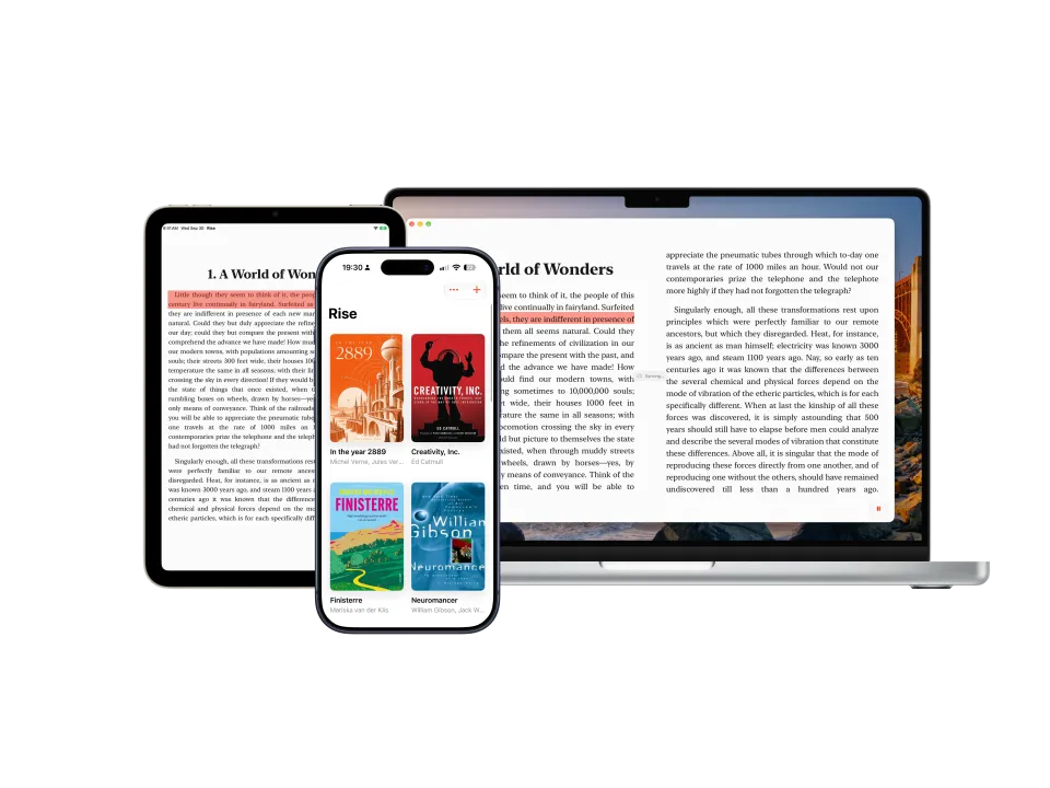 Rise’s library on iPhone and highlighted reading on iPad and Mac.