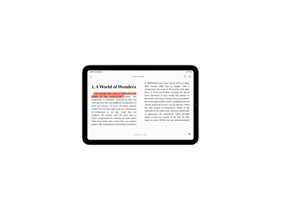 Rise narrating In the Year 2889 on iPad with the current sentence highlighted.